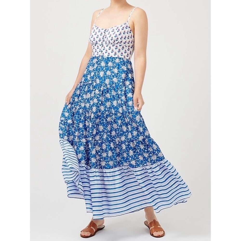 J. Crew Button-Front Tiered Maxi Dress in White & Blue Mixed Block Prints SZ 8